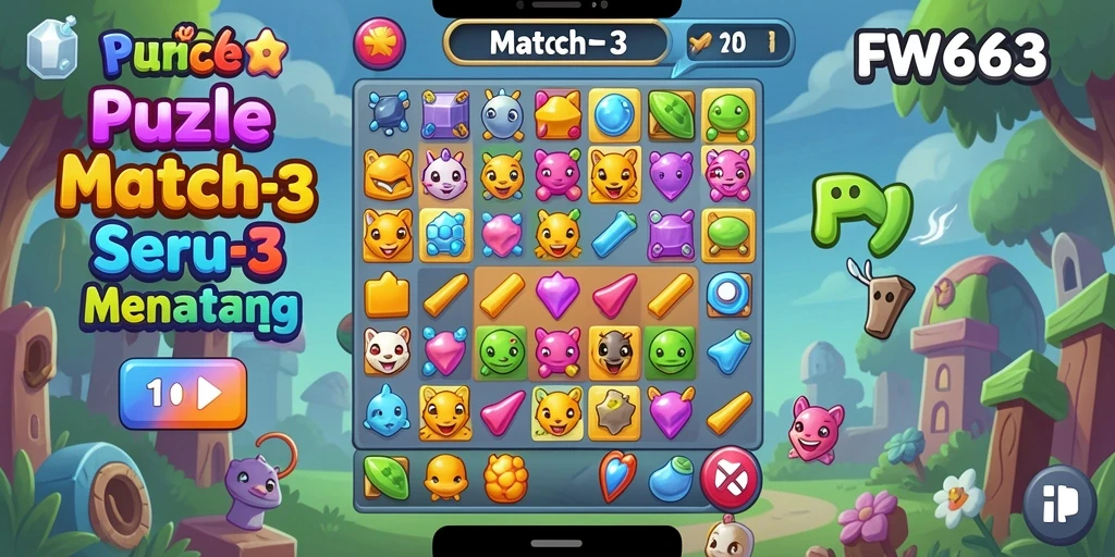 Tampilan antarmuka game Puzzle Match-3 yang menawan.