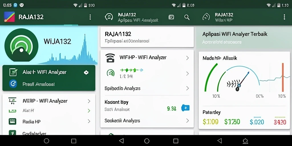 Antarmuka aplikasi RAJA132 menampilkan analisis jaringan WiFi secara real-time.