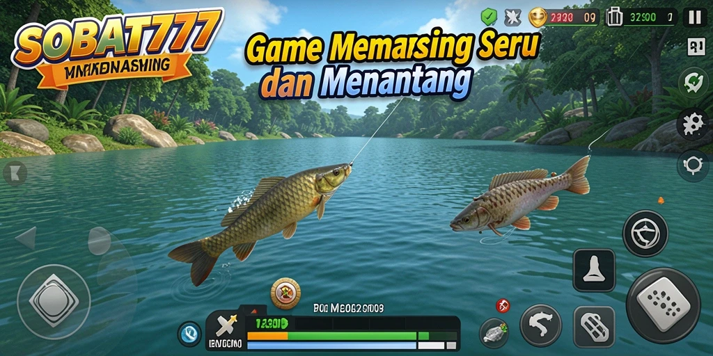 Screenshot utama SOBAT777 menampilkan pemain sedang memancing di lokasi indah.