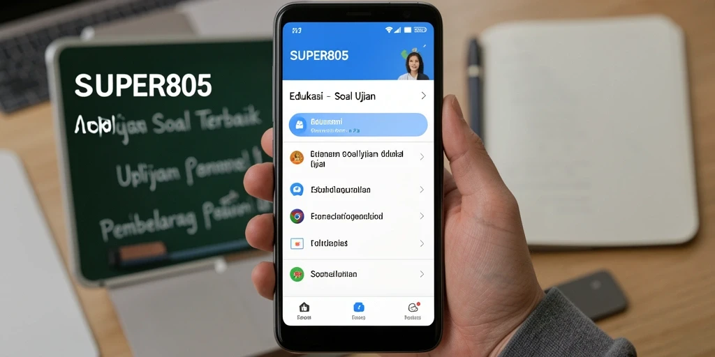 Tampilan antarmuka aplikasi Soal Ujian SUPER805 yang modern dan interaktif.